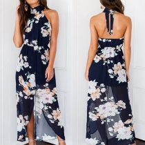Sexy Backless Irregular Hem Printed Chiffon Halter Dress