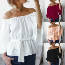 Sexy Off-shoulder Boat Neck Trumpet Sleeve Solid Color Top