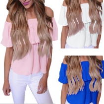 Sexy Off-shoulder Boat Neck Solid Color Chiffon Top