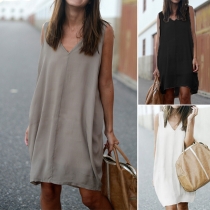 Fashion Solid Color Sleeveless V-neck High-low Hem Dress