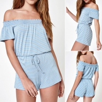 Sexy Off-shoulder Boat Neck Short Sleeve Striped Romper