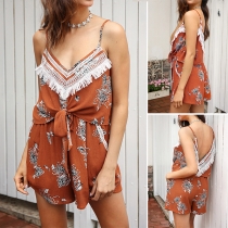 Sexy Backless V-neck Tassel Spliced Printed Sling Romper