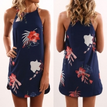 Fashion Sleeveless Arcuate Hem Printed Sling Dress