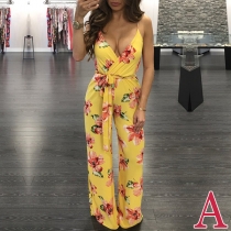 Sexy Backless V-neck High Waist Printed Sling Jumpsuit