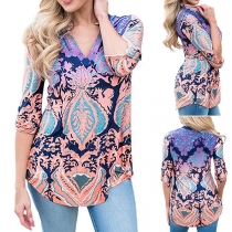 Fashion 3/4 Sleeve V-neck High-low Hem Printed Blouse