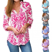 Ethnic Style Printed 3/4 Sleeve V-neck High-low Hem Blouse