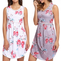 Fashion Sleeveless Round Neck High Waist Irregular Hem Printed Dress