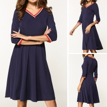 Fashion Contrast Color 3/4 Sleeve V-neck Dress