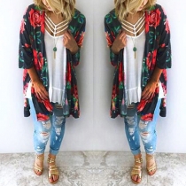 Fashion 3/4 Sleeve Slit Hem Printed Cardigan 