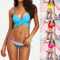 Sexy Crossover Halter Bra + Low-waist Printed Panty Bikini Set