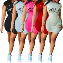 Chic Style Letters Printed Short Sleeve Round Neck Ripped Dress