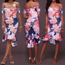 Sexy Off-shoulder Boat Neck Irregular Ruffle Hem Printed Party Dress