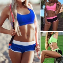 Sexy Backless U-neck Sports Tank Top + Shorts Contrast Color Sports Suit