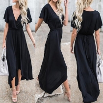Sexy Deep V-neck Short Sleeve High-low Hem Solid Color Dress