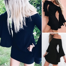 Sexy Off-shoulder Boat Neck Trumpet Sleeve Slim Fit Solid Color Dress