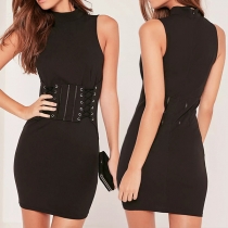 Elegant Solid Color Sleeveless Mock Neck Lace-up High Waist Dress