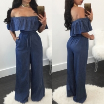 Sexy Off-shoulder Ruffle Boat Neck High Waist Denim Jumpsuit