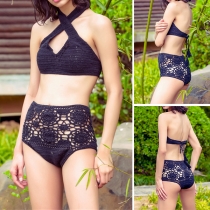 Sexy Solid Color High Waist Hollow Out Knit Crossover Halter Bikini Set