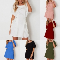 Fashion Solid Color Short Sleeve Round Neck Lace-up Dress
