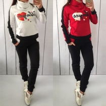Fashion Contrast Color Letters Printed Long Sleeve Turtleneck Sports Suit