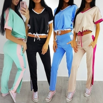 Fashion Contrast Color Short Sleeve V-neck Top + Pants Sports Suit