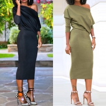 Sexy Oblique Shoulder Solid Color Slim Fit Party Dress