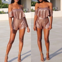 Sexy Off-shoulder Crop Top + High Waist Shorts Sequin Two-piece Set