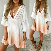 Sexy Deep V-neck 3/4 Trumpet Sleeve Color Gradient Dress