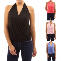 Sexy Deep V-neck Solid Color Halter Top