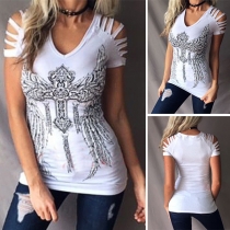 Chic Style Hollow Out Short Sleeve V-neck Printed T-shirt