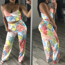 Sexy Backless V-neck Cami Top + High Waist Wide-leg Pants Printed Two-piece Set