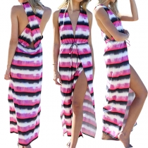 Sexy Backless Deep V-neck Slit Hem Colorful Striped Dress