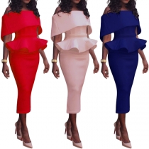 Sexy Off-shoulder Boat Neck High Waist Solid Color Ruffle Party Dress