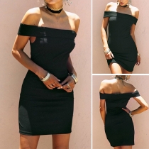 Sexy Off-shoulder Boat Neck Solid Color Slim Fit Party Dress