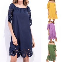Sexy Off-shoulder Boat Neck Hollow Out Solid Color Dress