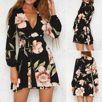 Sexy Deep V-neck Long Sleeve Printed Dress