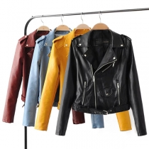 Fashion Solid Color Long Sleeve Slim Fit PU Leather Jacket