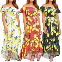 Sexy Off-shoulder Boat Neck High-low Hem Printed Dress