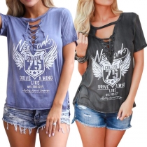 Fashion Short Sleeve Lace-up V-neck Slit Hem Printed T-shirt