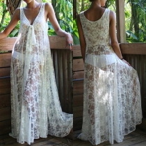 Sexy Sleeveless Deep V-neck See-through Lace Dress