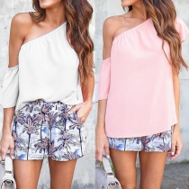Sexy Oblique Shoulder Short Sleeve Solid Color Top