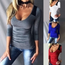 Fashion Contrast Color Long Sleeve U-neck T-shirt