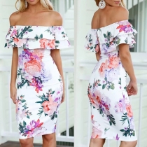 Sexy Off-shoulder Ruffle Wide Neckline Slim Fit Printed Dress