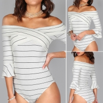 Sexy Off-shoulder Boat Neck 3/4 Sleeve Striped Bodysuit
