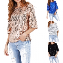 Fashion Half Sleeve Round Neck Sequin T-shirt