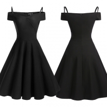 Sexy Off-shoulder Boat Neck Solid Color Party Dress