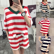 Fashion Short Sleeve T-shirt + Shorts Striped Two-piece Set