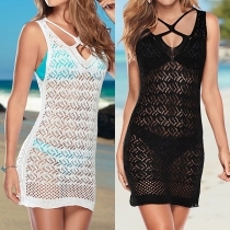Sexy Backless Crossover Deep V-neck Sleeveless Hollow Out Knit Smock