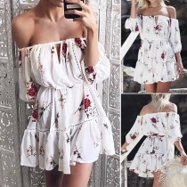 Sexy Off-shoulder Boat Neck Half Sleeve Printed Dress