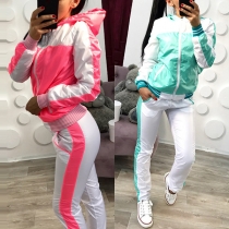 Fashion Contrast Color Long Sleeve Hooded Sweatshirt Coat + Pants Two-piece Set